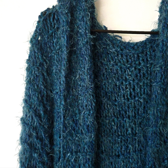 S/M Long knitted cardigan, teal knit cloak, oversized chunky full length duster - Picture 5 of 8